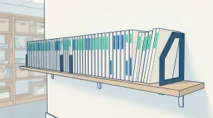 Ordentlich sortierte Archivordner und beschriftete Register in einem Regal