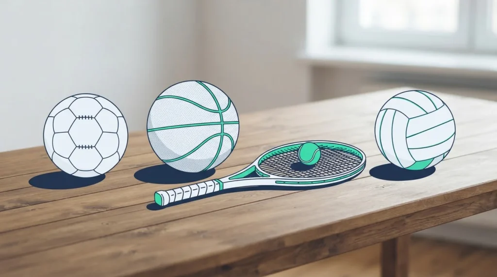 Fußball, Basketball, Tennisball und weitere Sportgeräte auf einem Holztisch