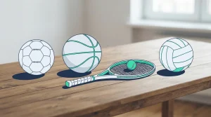 Fußball, Basketball, Tennisball und weitere Sportgeräte auf einem Holztisch