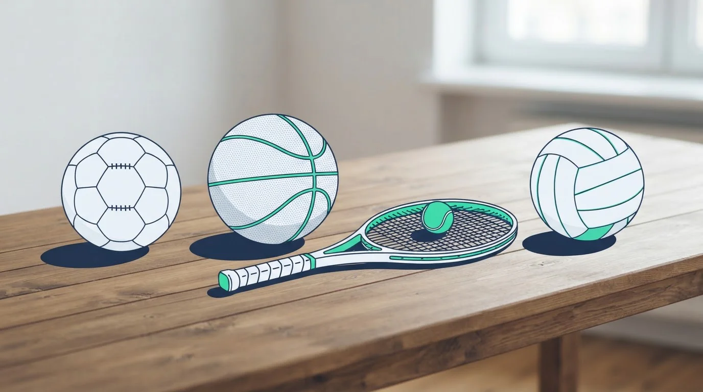 Fußball, Basketball, Tennisball und weitere Sportgeräte auf einem Holztisch