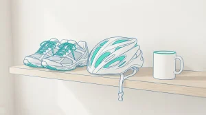 Turnschuhe und Fahrradhelm neben einem Notizbuch auf einer Bank